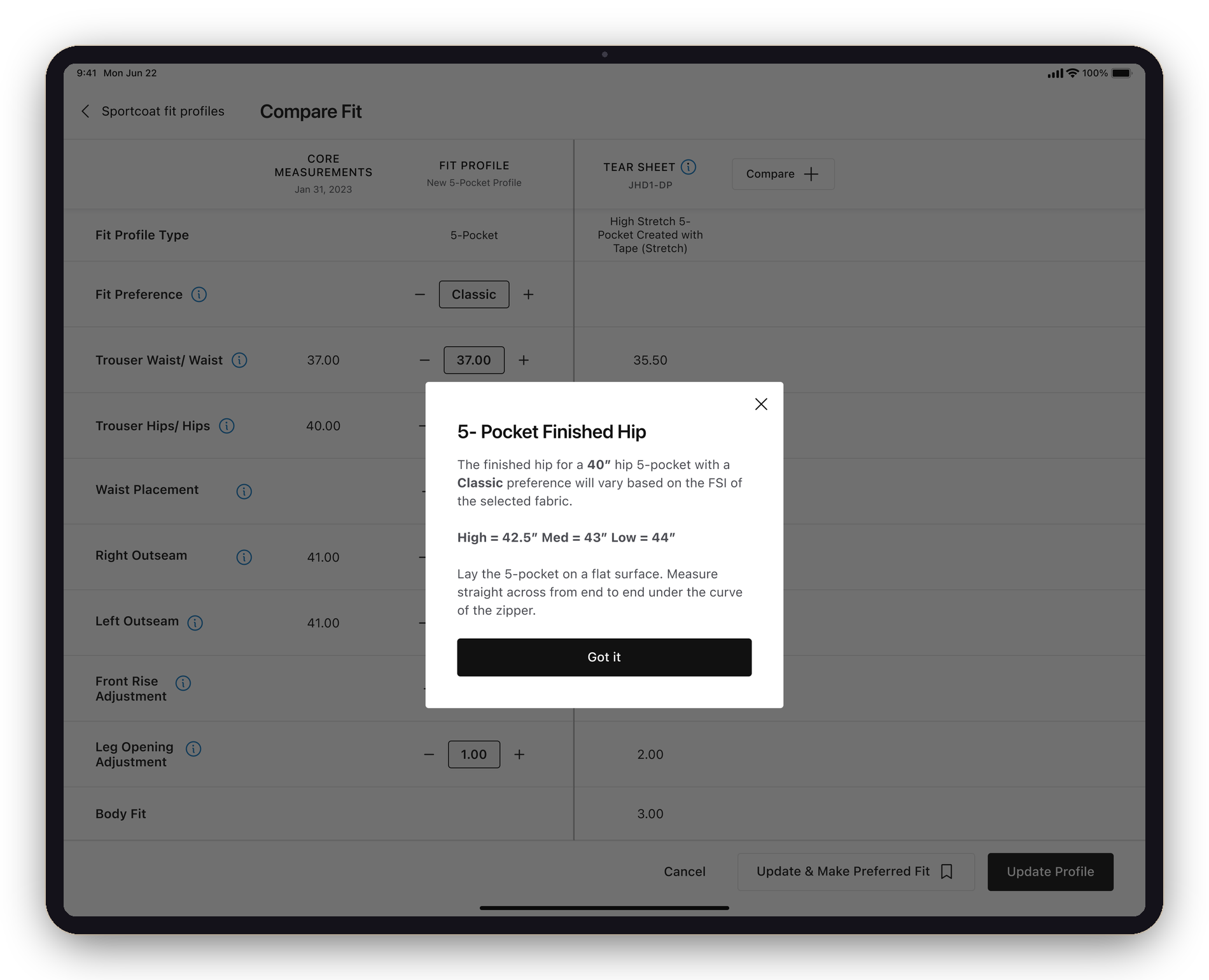 Compare Fit on iPad — an info-icon tooltip explaining a measurement in context, layered over the comparison