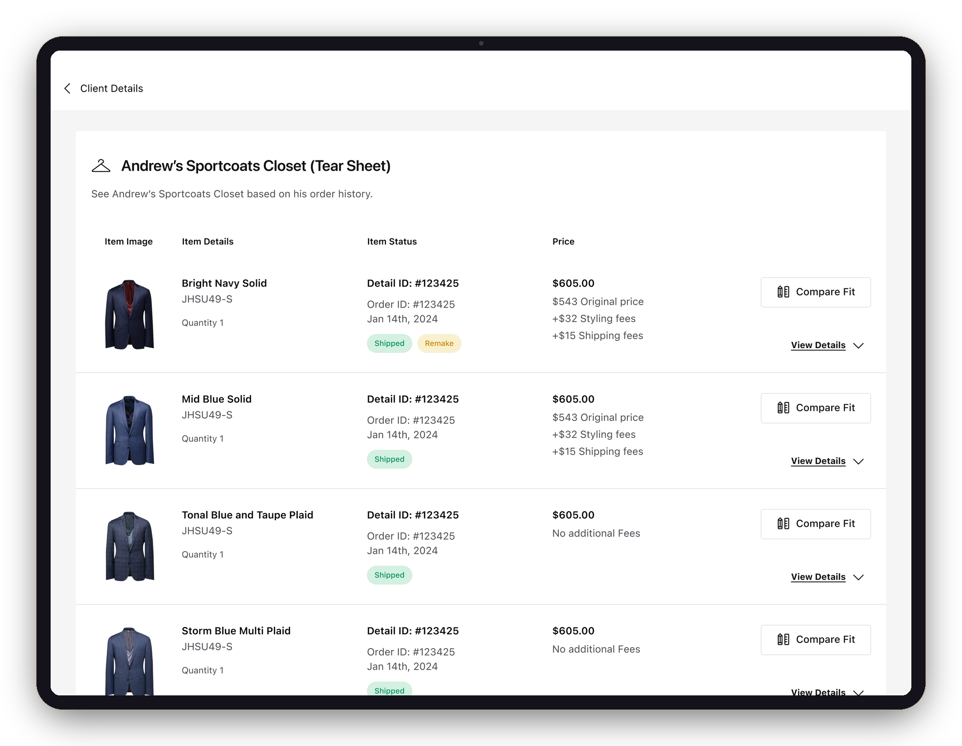 Tear Sheet on iPad — opening Compare Fit from here loads that item into the comparison automatically