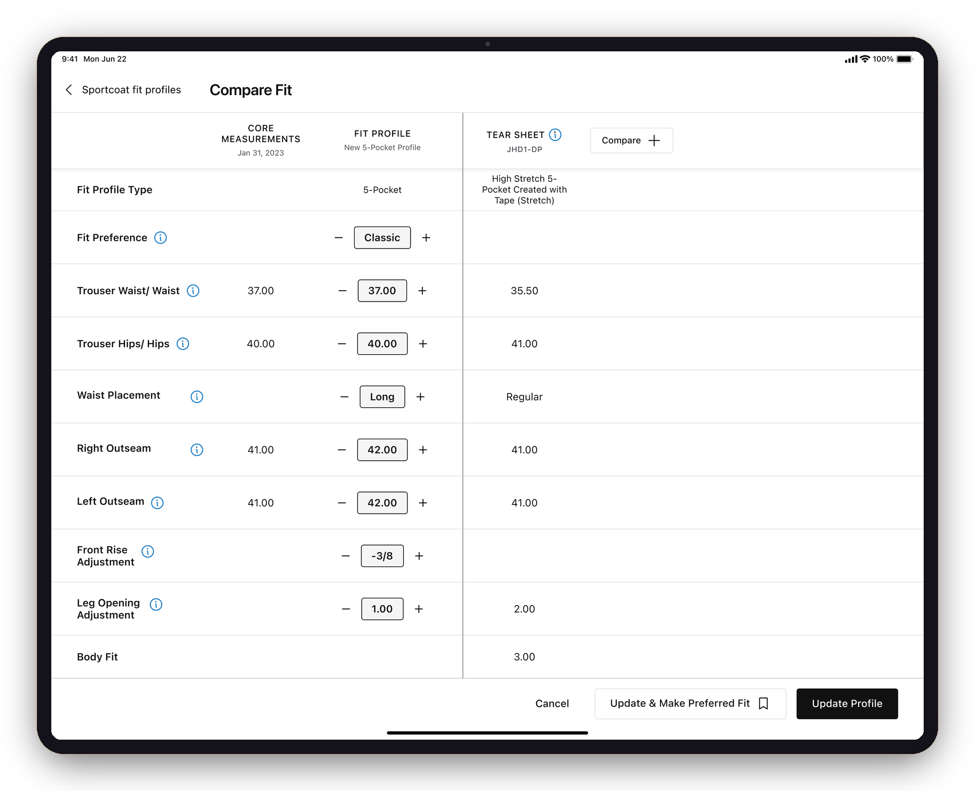 Compare Fit on iPad — Core Measurements, the editable Fit Profile, and a Tear Sheet column side by side, with Compare + to add more
