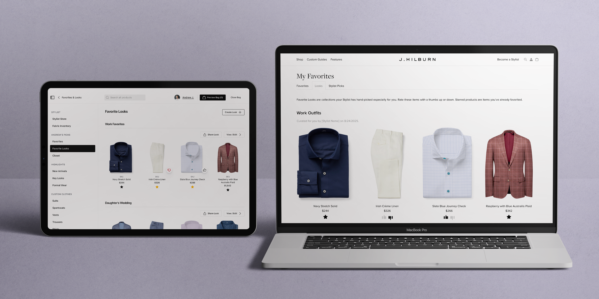 Interactive Favorites — the iPad stylist app (Favorite Looks) beside the jhilburn.com client view (My Favorites), showing the same looks across both platforms