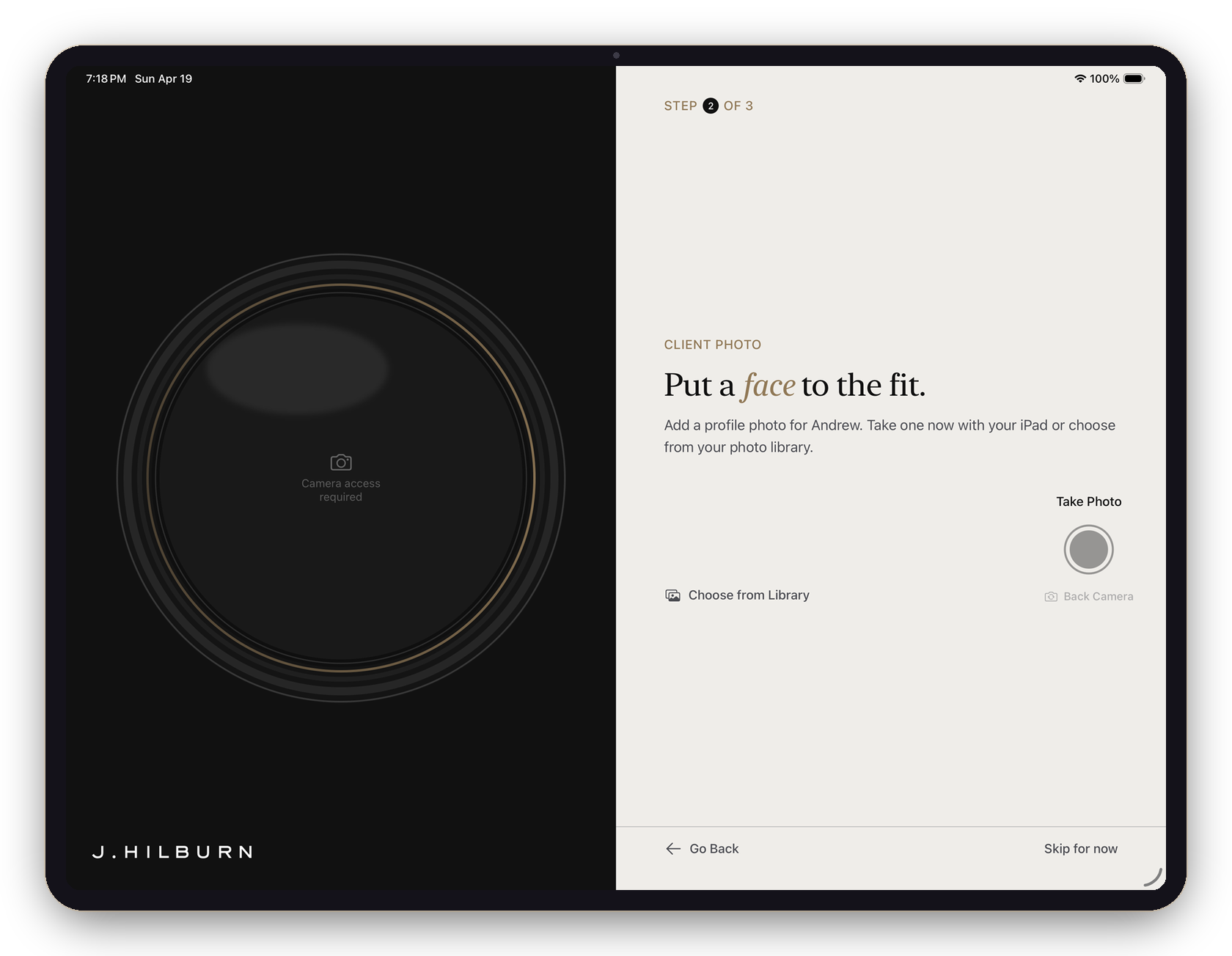 The new client-photo step on iPad — a camera lens rendered as a viewfinder, headline 'Put a face to the fit'
