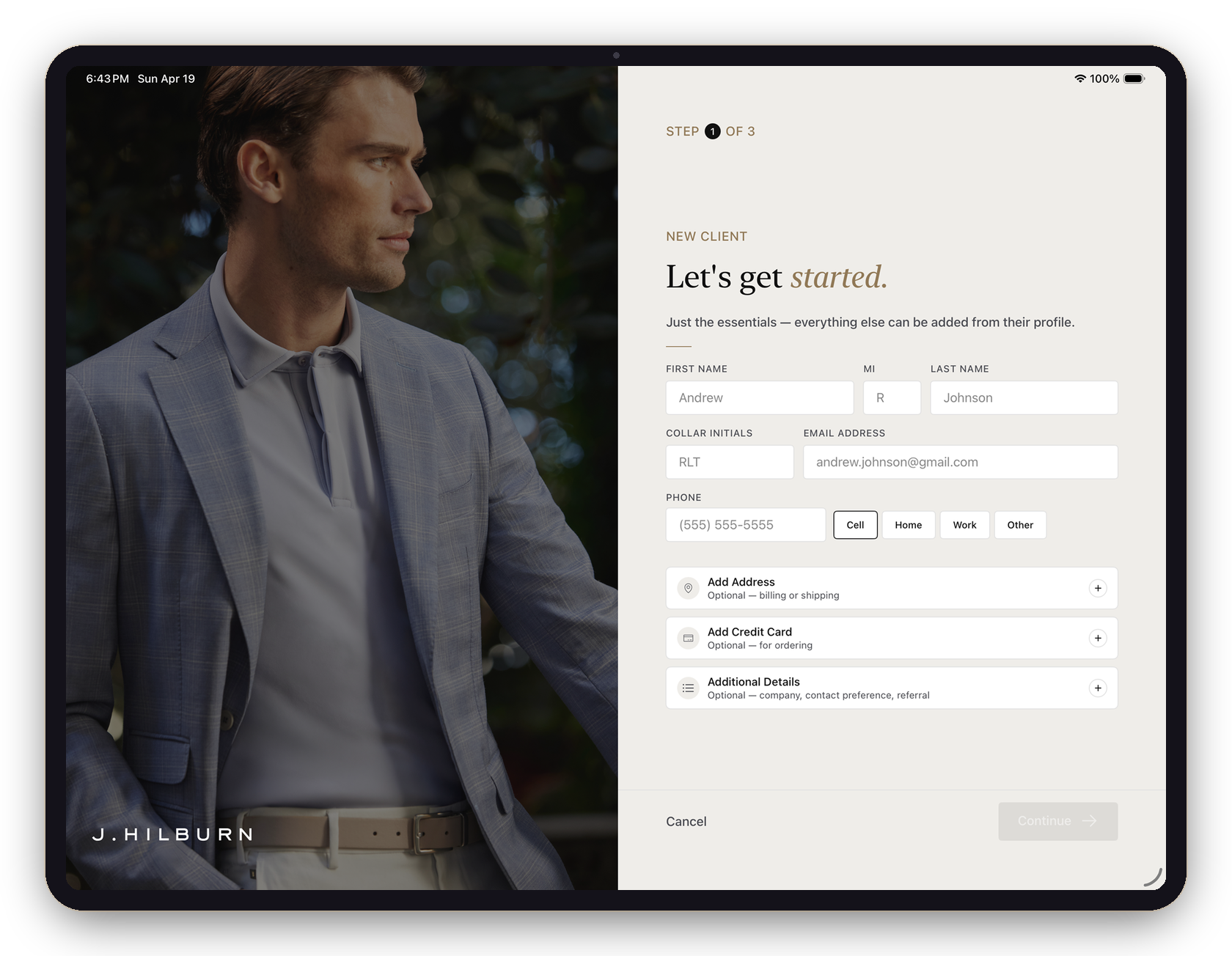 The redesigned Fit Survey on iPad — the 'Let's get started' new-client screen, an editorial photo beside just the essential fields