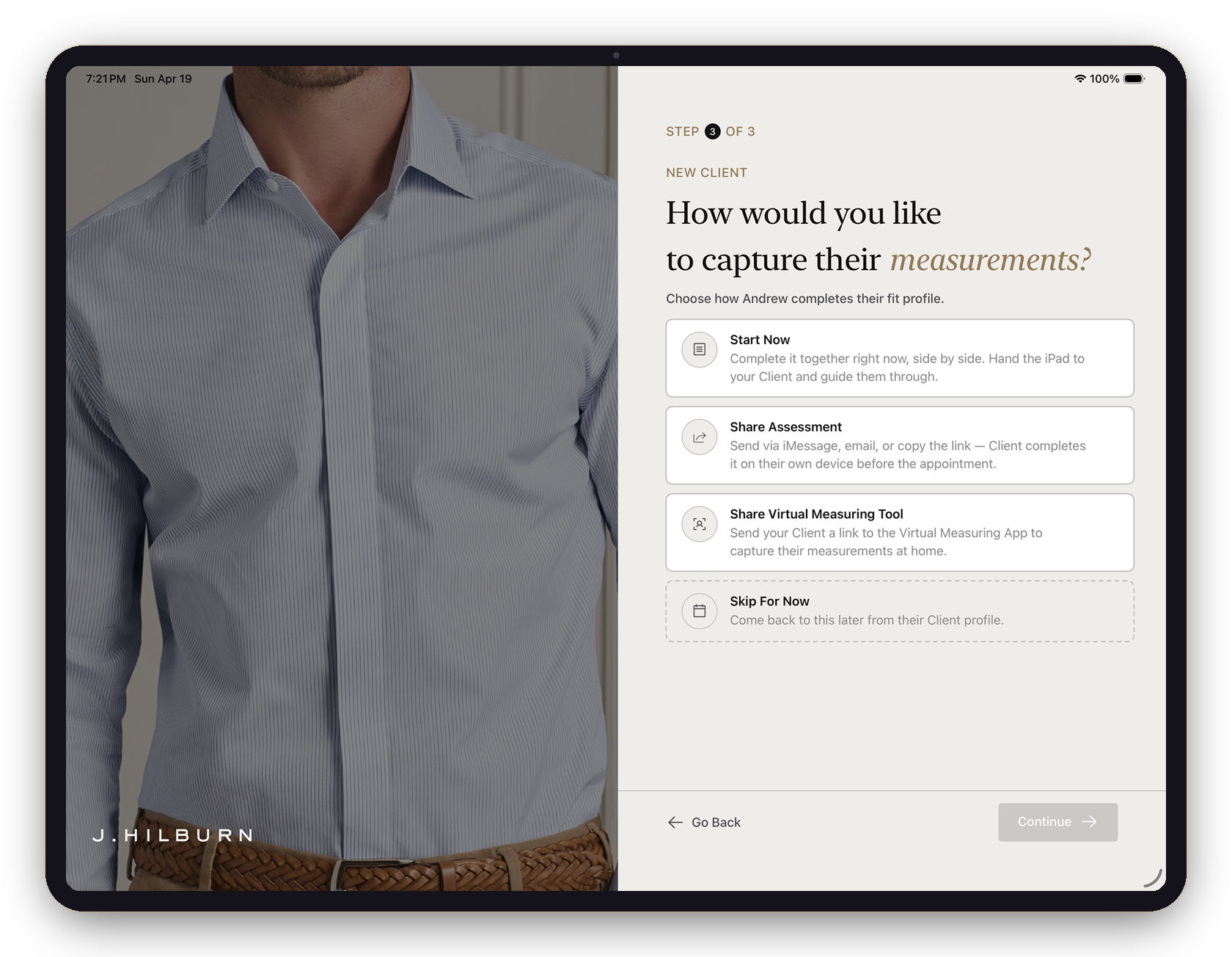 New capture-measurements screen on iPad — four described options including a virtual measuring tool