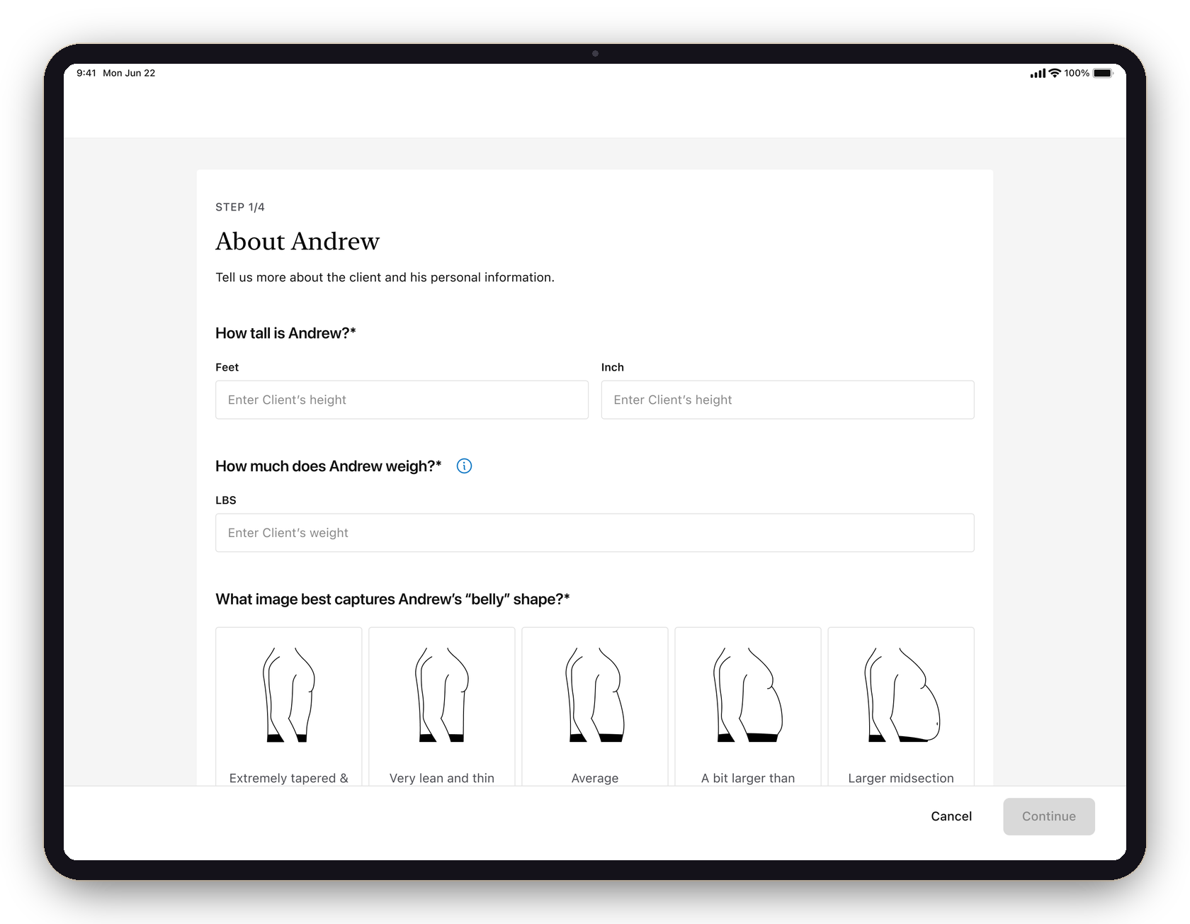 The old survey on iPad — one screen asking height, weight, belly shape, ethnicity and fitness level together