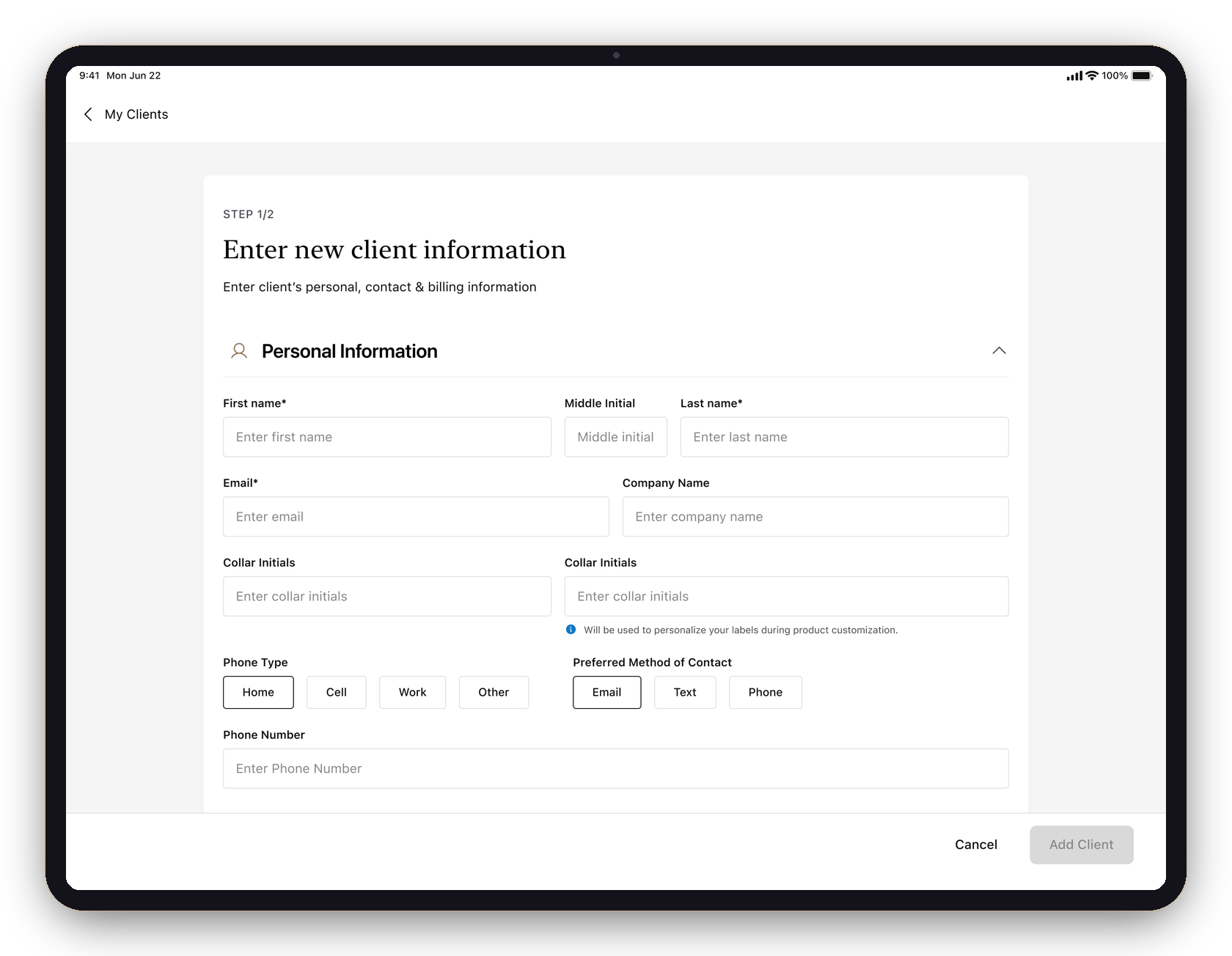 Old new-client form on iPad — one dense form