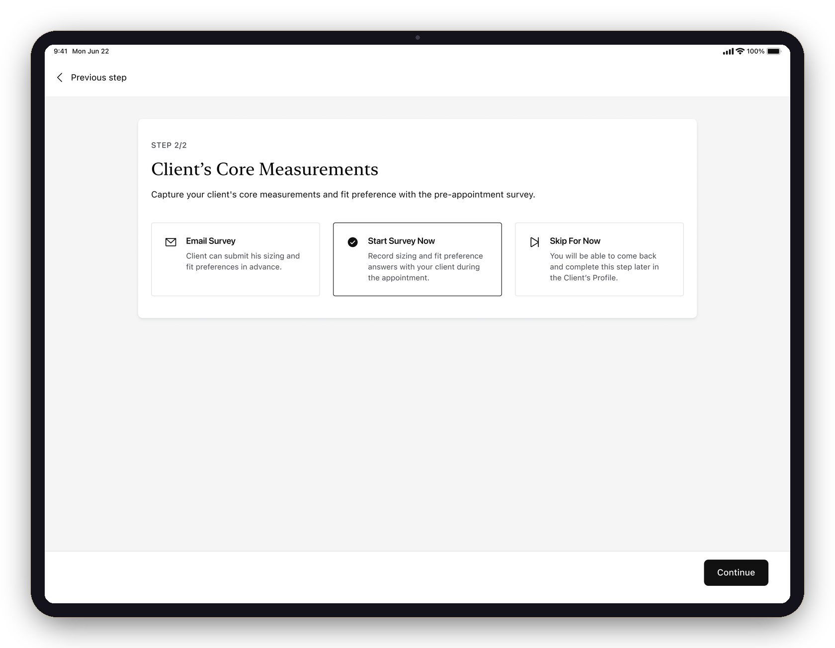 Old measurement-capture choice on iPad — three bare cards