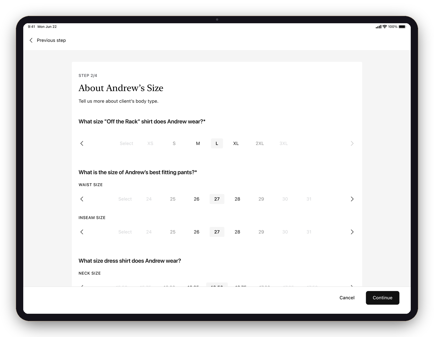 The old survey on iPad — a dense wall of horizontal size pickers