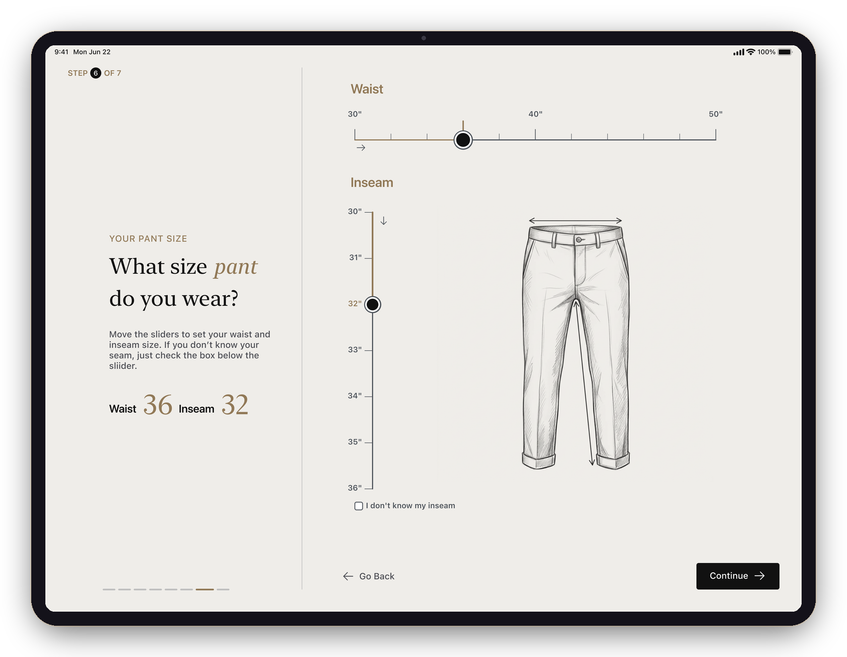 Step — pant size sliders