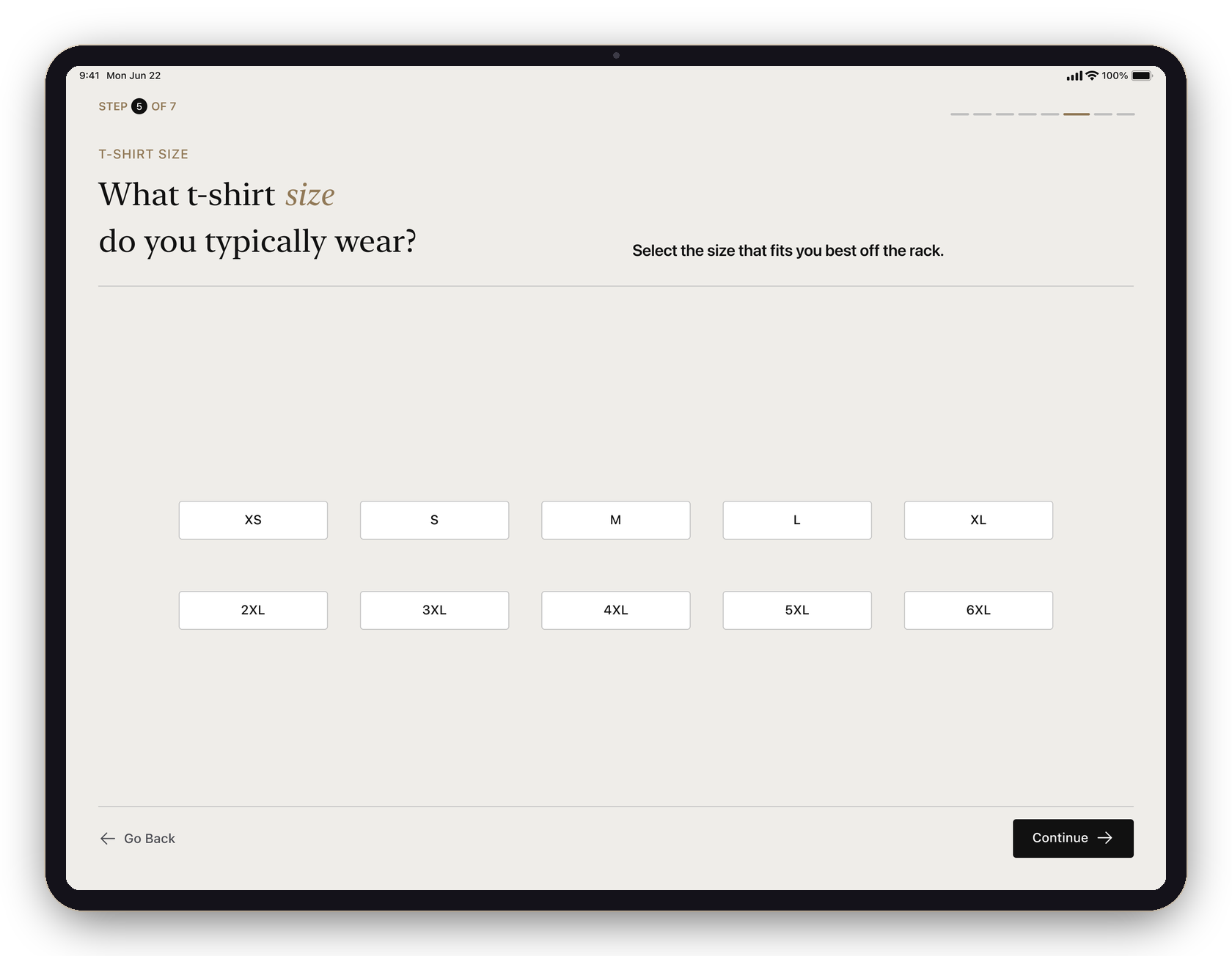 Step — t-shirt size grid