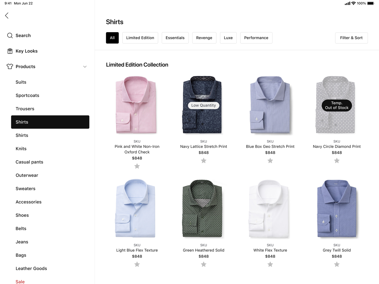 iPad product catalog with the two-state star on every product card — gold for a Stylist Pick, black for a client favorite