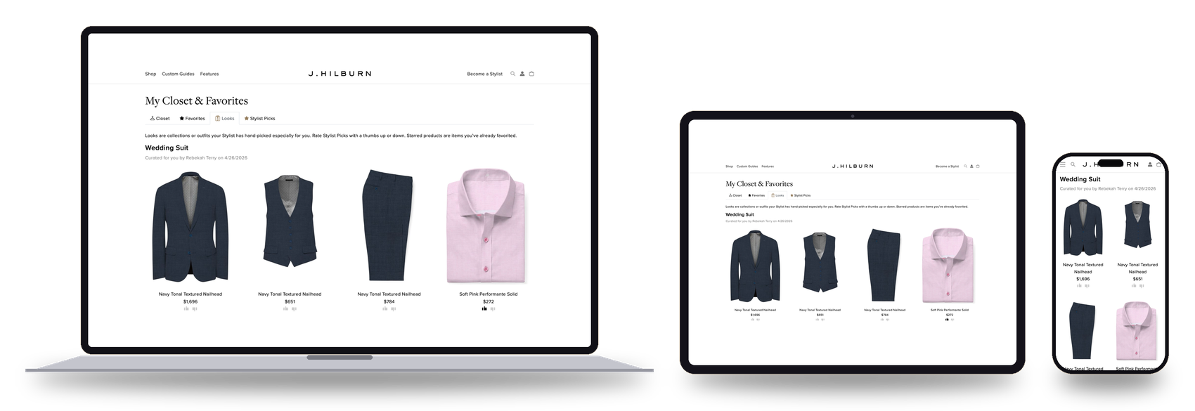 The jhilburn.com client view shown responsively across a MacBook, an iPad, and an iPhone