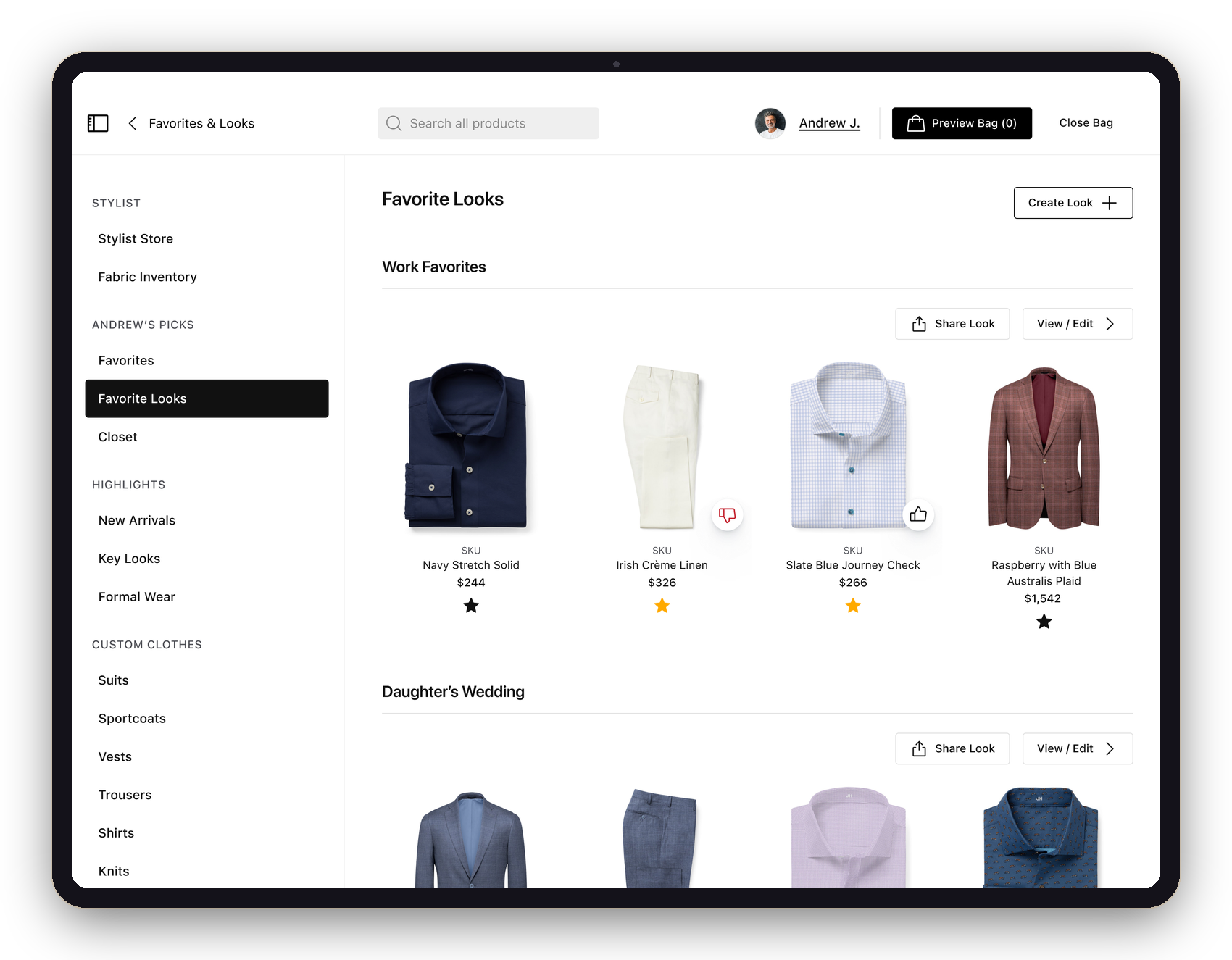 iPad Favorite Looks in an iPad frame — named outfit groups with Share Look and View/Edit actions, ratings on individual items