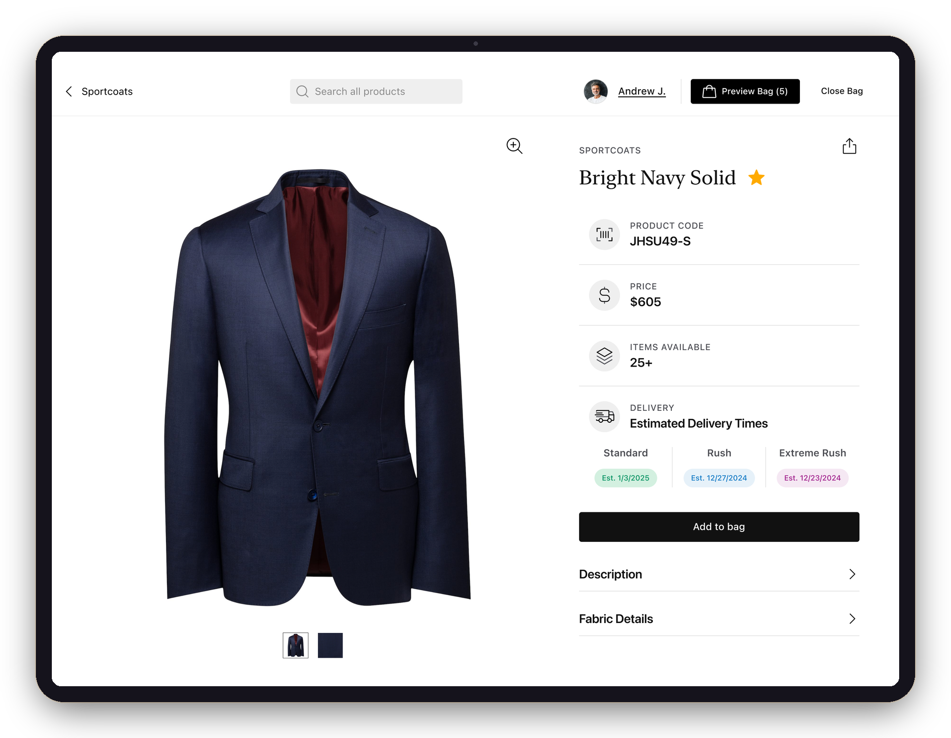 iPad product detail page for Bright Navy Solid, the Stylist Pick star tapped gold, shown in an iPad frame