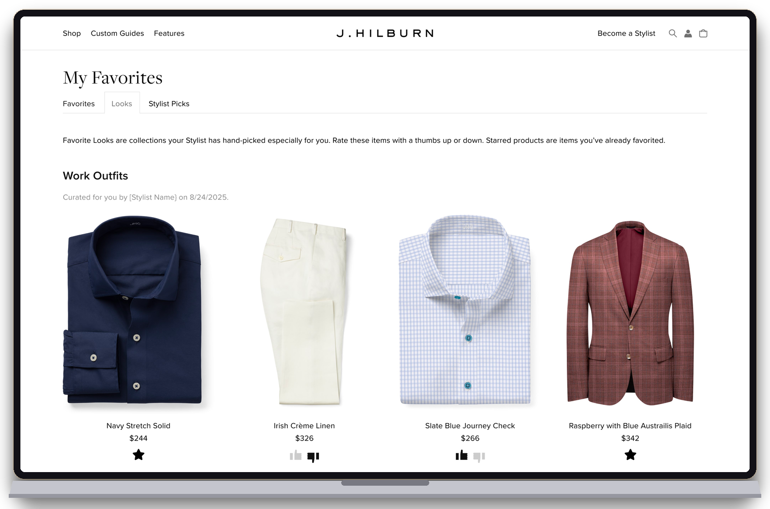jhilburn.com Looks page in a laptop frame — the same looks on the client-facing web