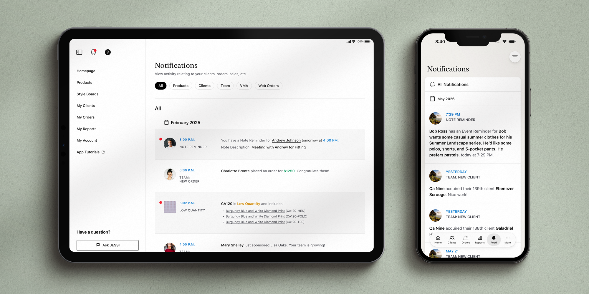 In-App Notifications &mdash; the notification center on iPad and iPhone, on a sage background