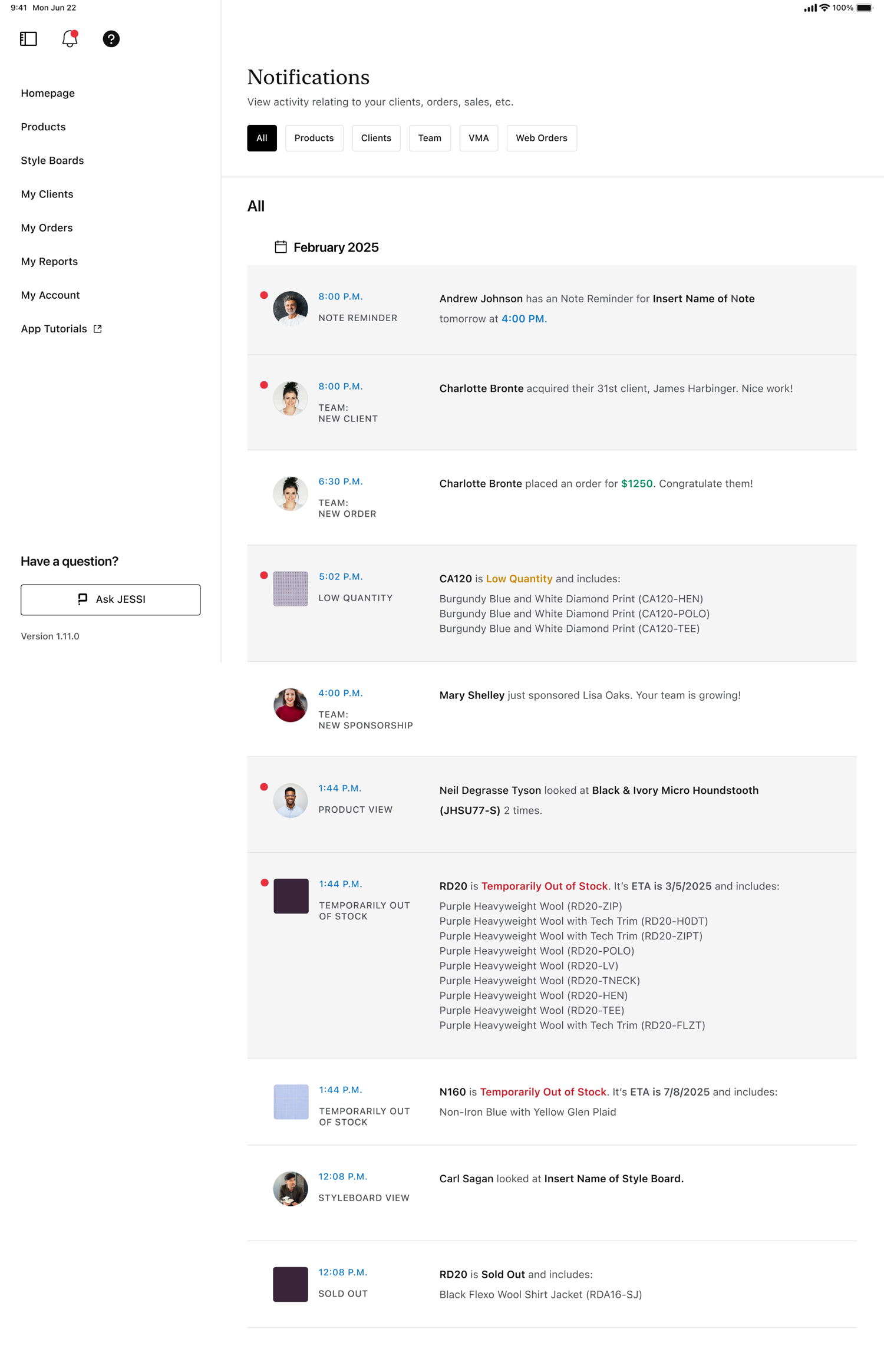 The full notification feed &mdash; scroll through the day's activity across every category