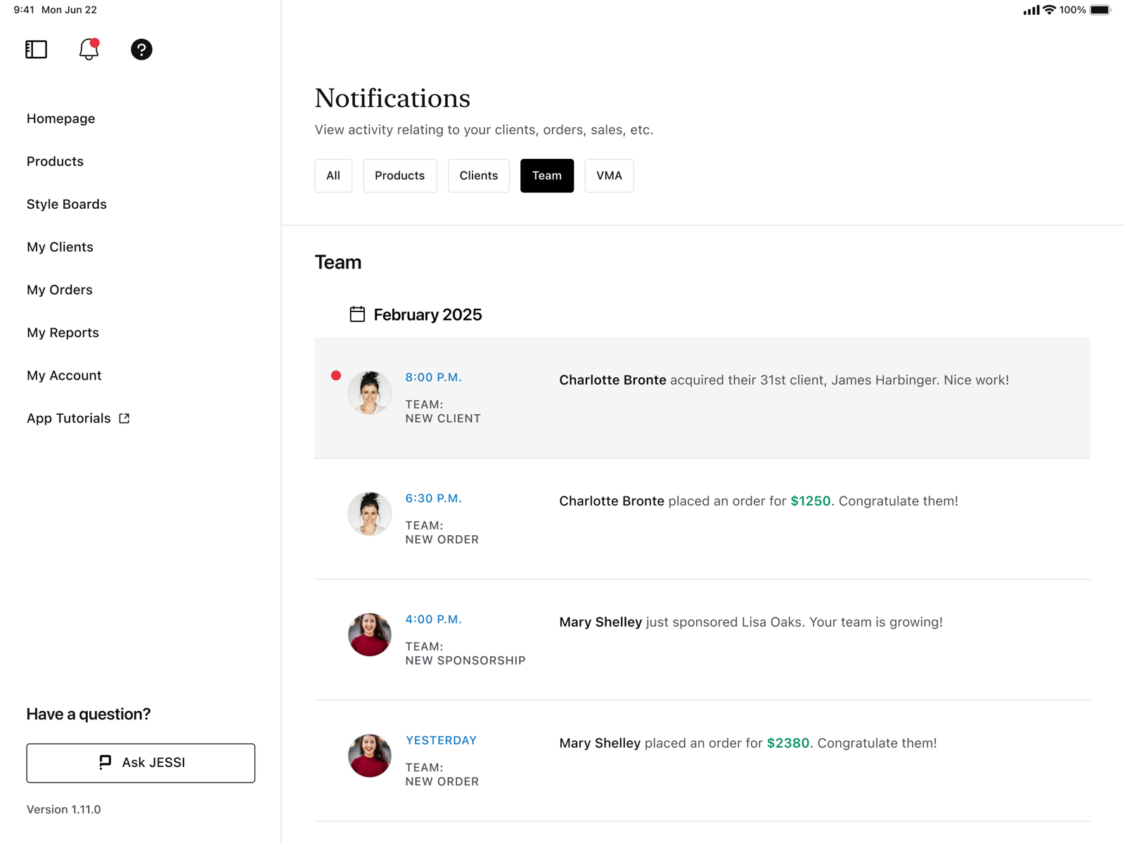 Team notifications &mdash; new client, new order