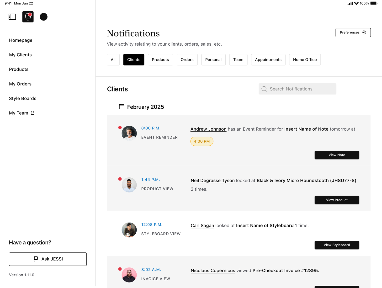 V1 notifications &mdash; eight category tabs and a Go to Resolution button on every notification
