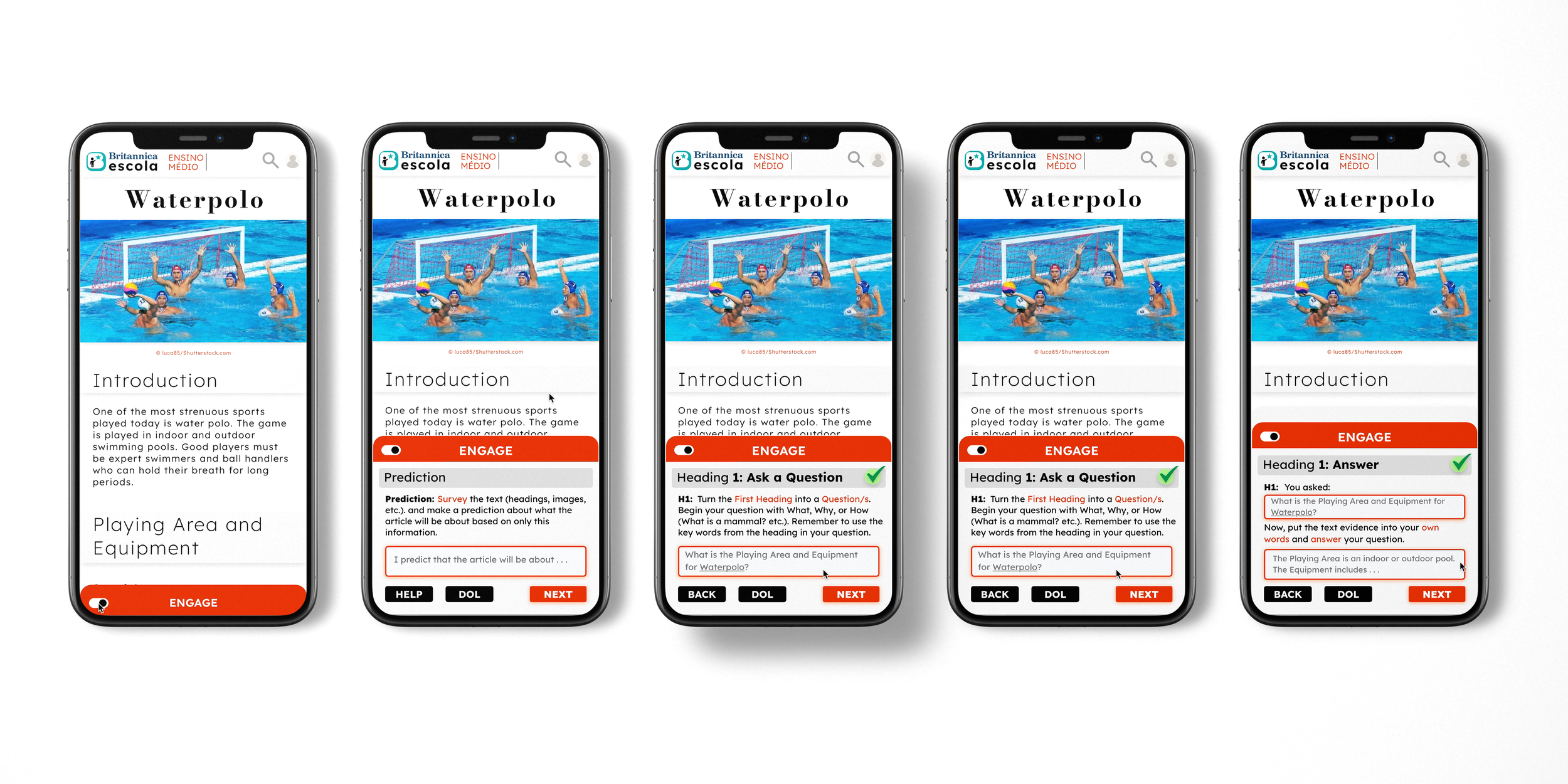 Engage Reading — five iPhones showing the SQRRR walkthrough