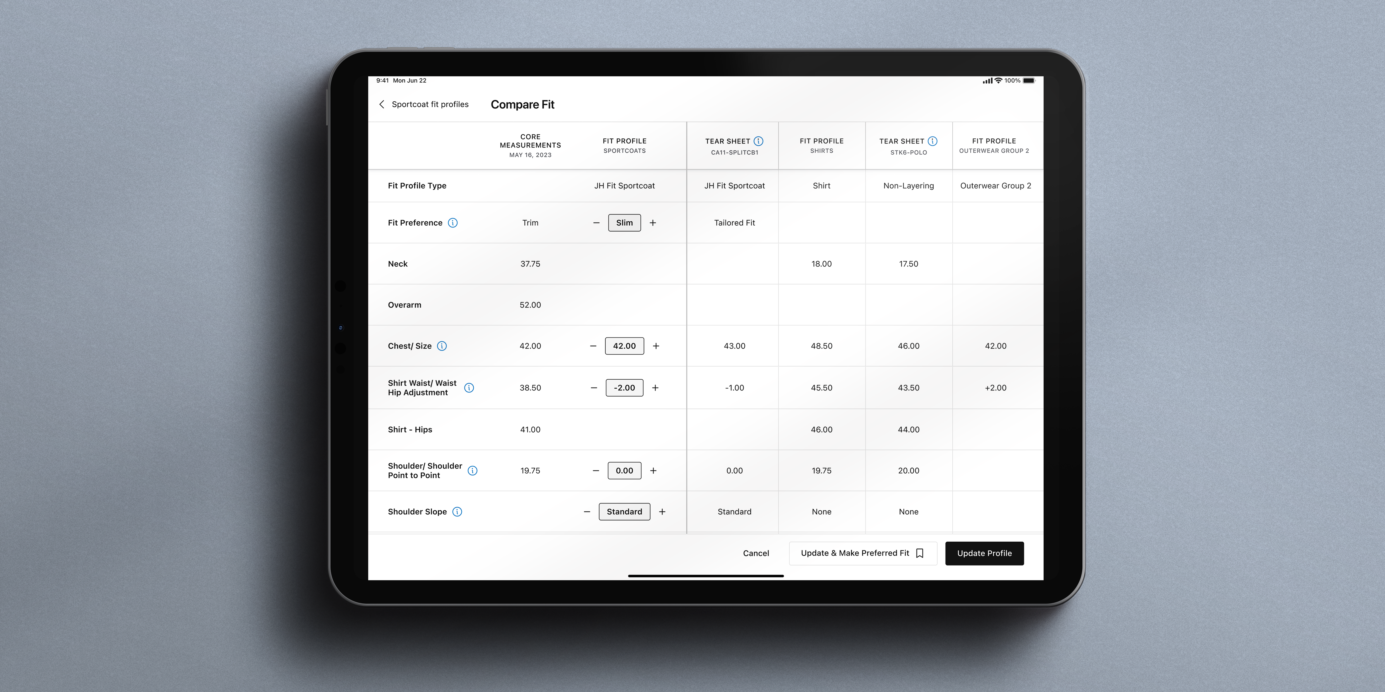 Compare Fit on iPad — a client's core measurements, editable fit profile, and tear sheet shown side by side in one split-screen view