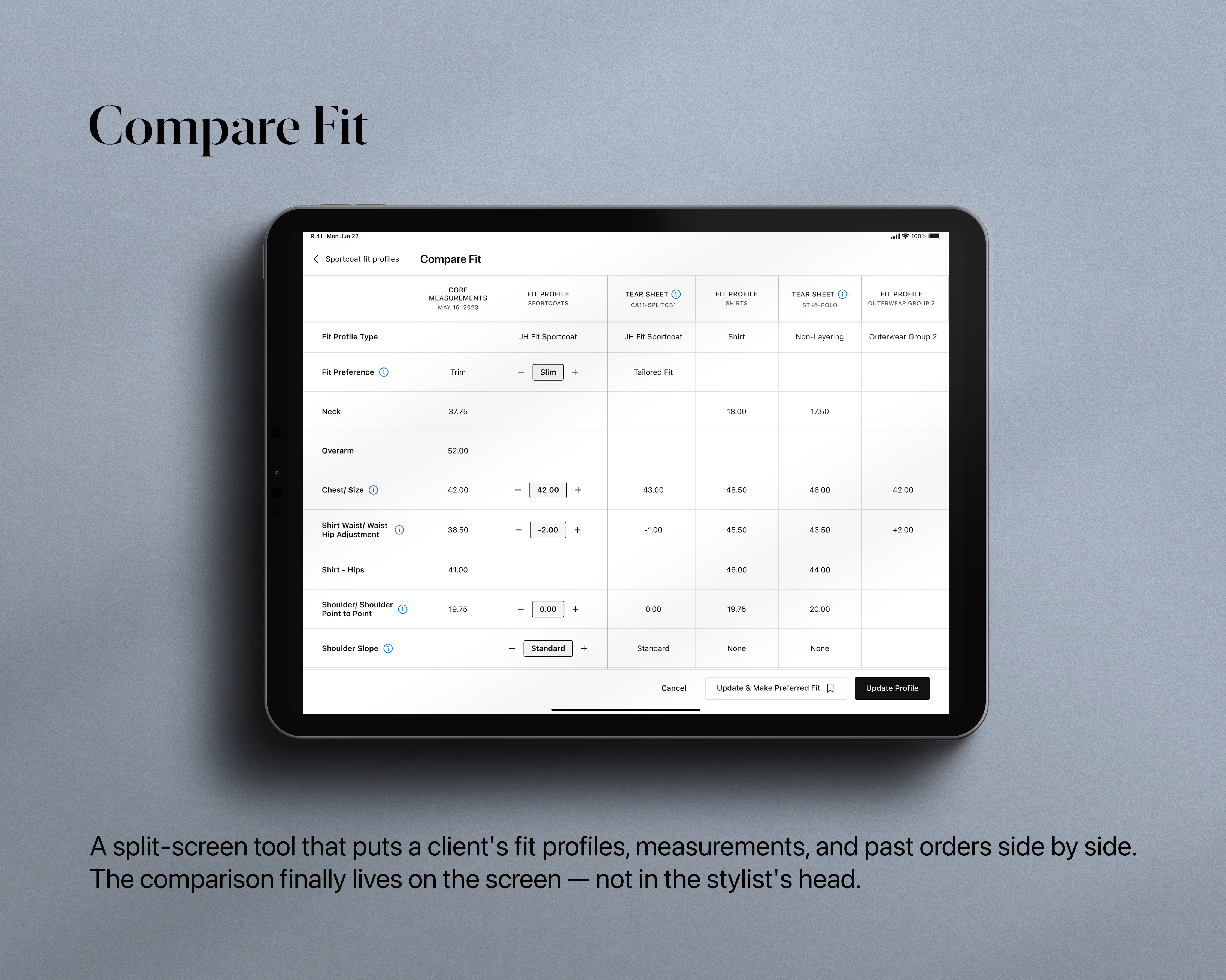 Compare Fit — a split-screen tool putting a client's fit profiles, measurements, and past orders side by side