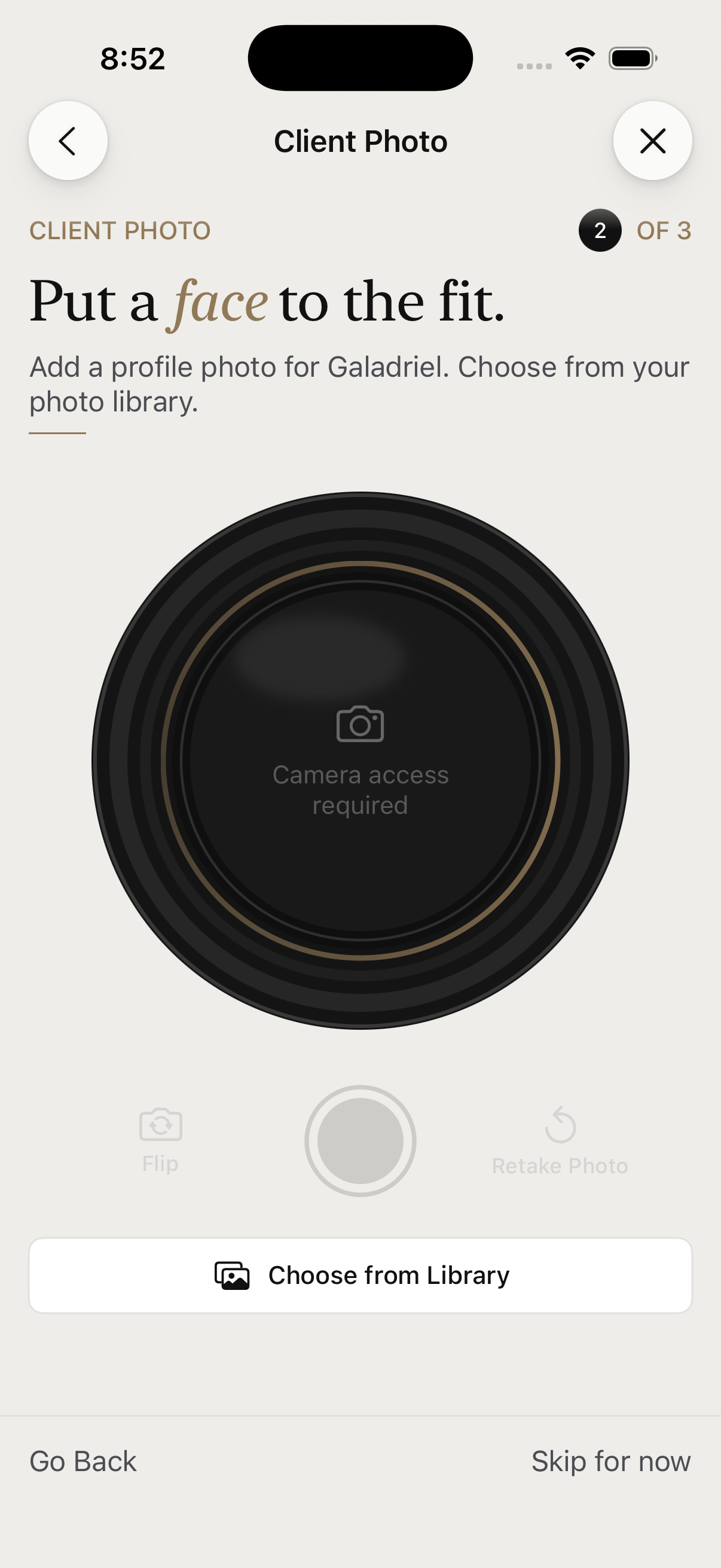 Add client step 2 — Client Photo: 'put a face to the fit', with an optional headshot