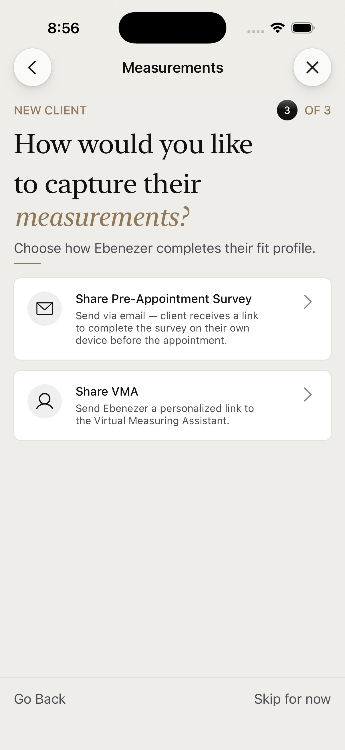 Add client step 3 — Measurements: share the survey, use the virtual measuring assistant, or skip