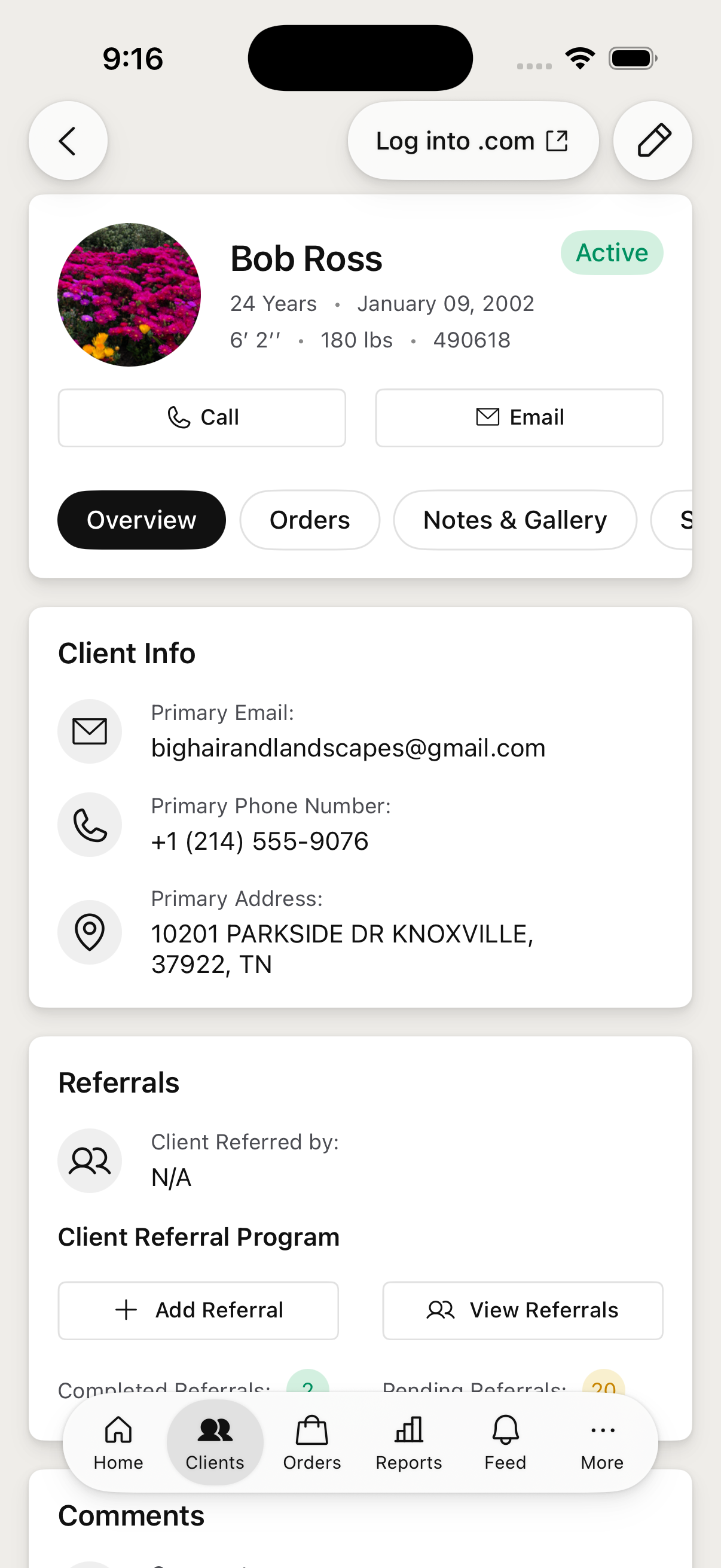 Client Profile on iPhone — the profile stacked into a single column with Call and Email actions