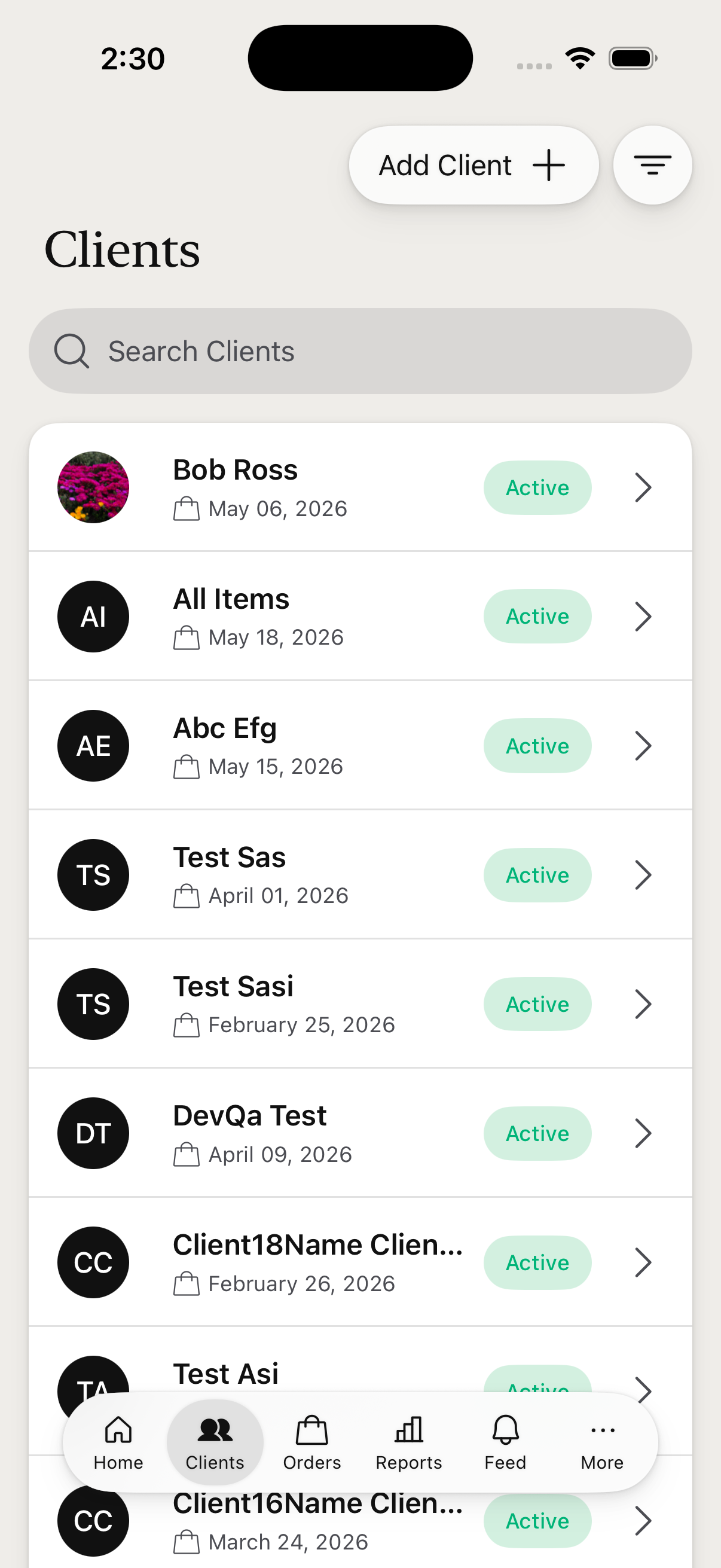 Clients list — searchable cards with avatar, name, last order date, and status