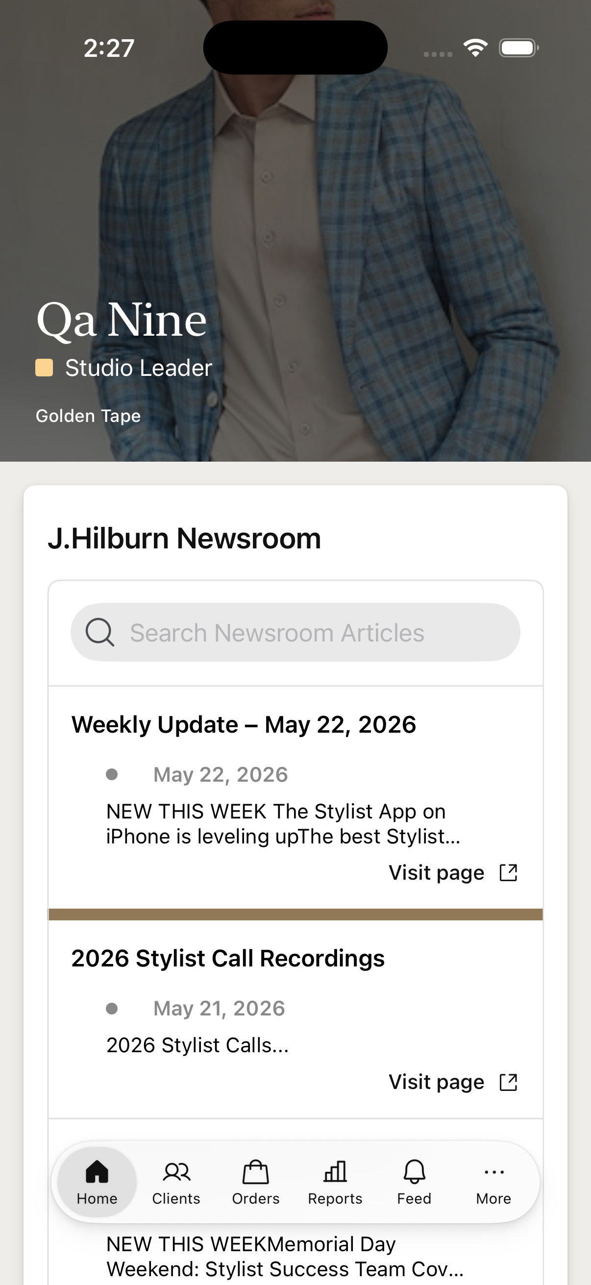Home landing — stylist name and rank over a hero image, with Newsroom, Training, and Top Sellers cards
