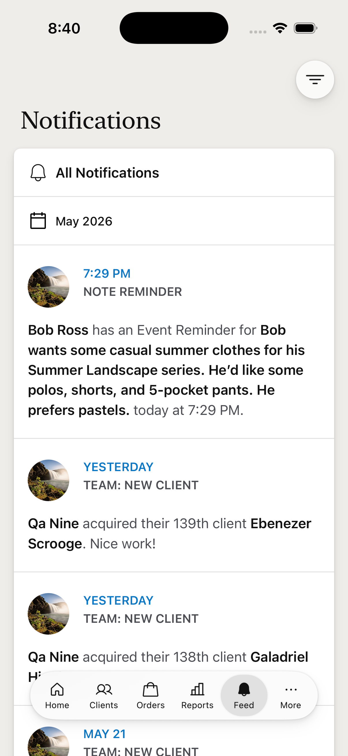 Feed — notifications list
