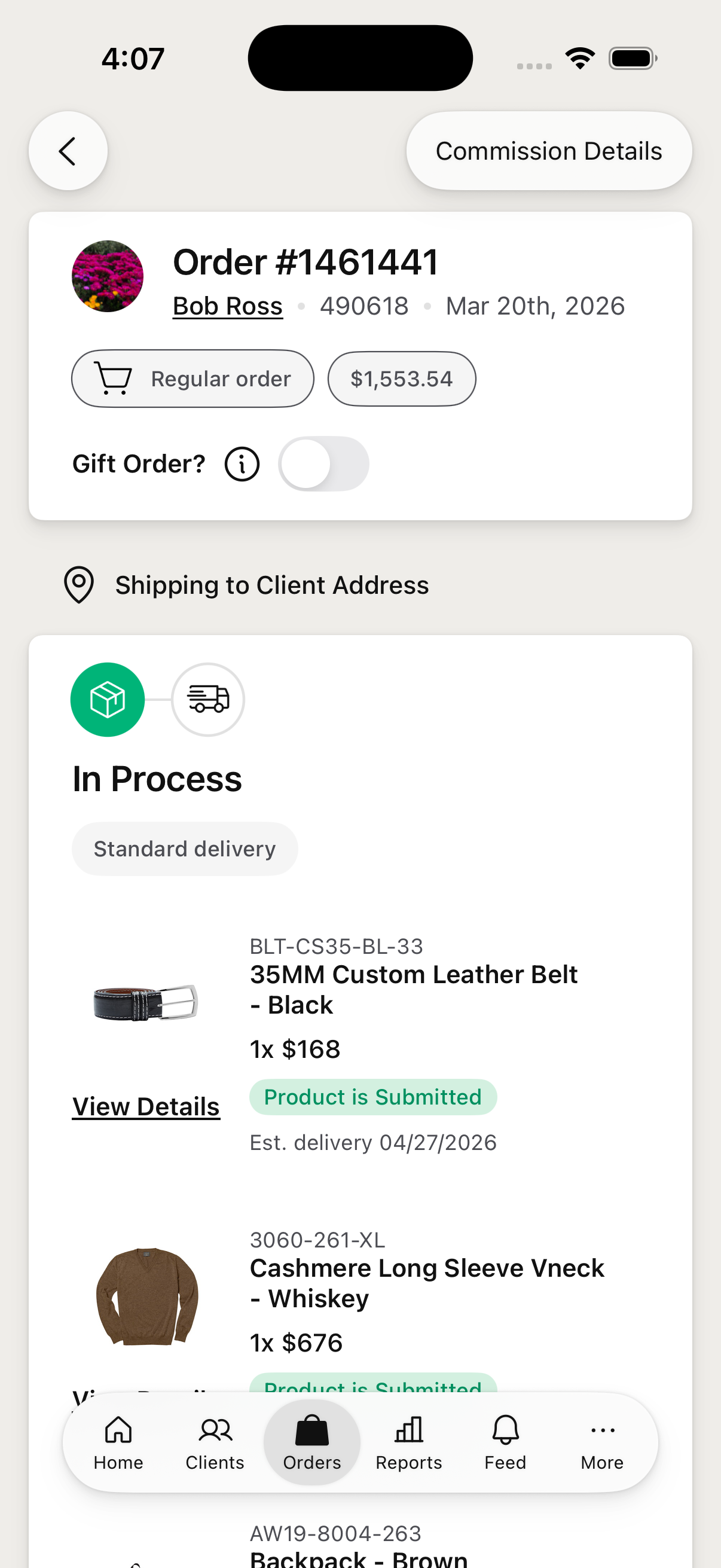 Order details — items, price breakdown, and tracking