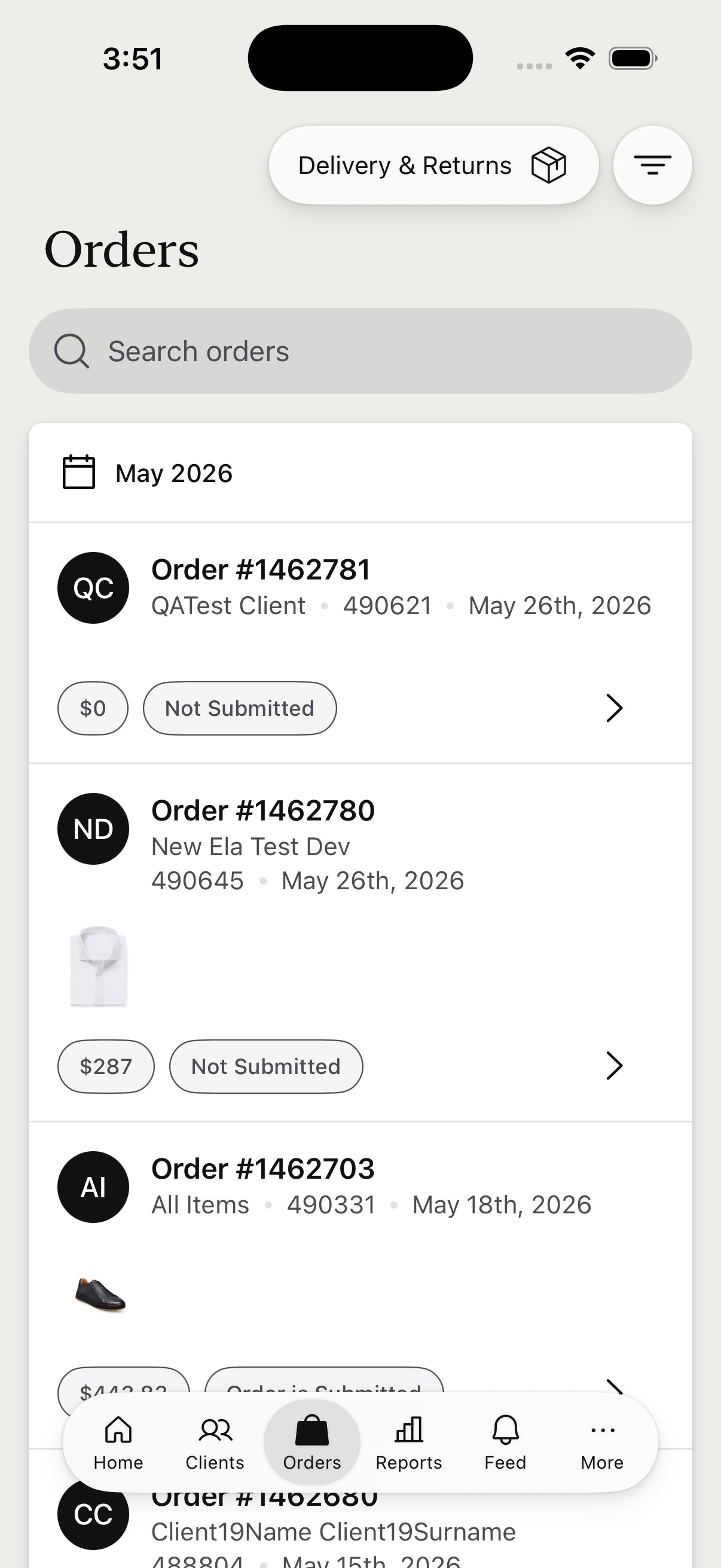 Orders list — grouped by month with status and totals
