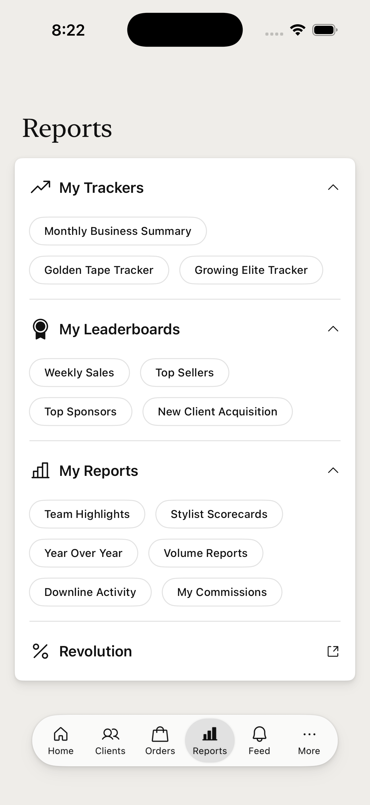 My Reports — expandable trackers, leaderboards, and reports
