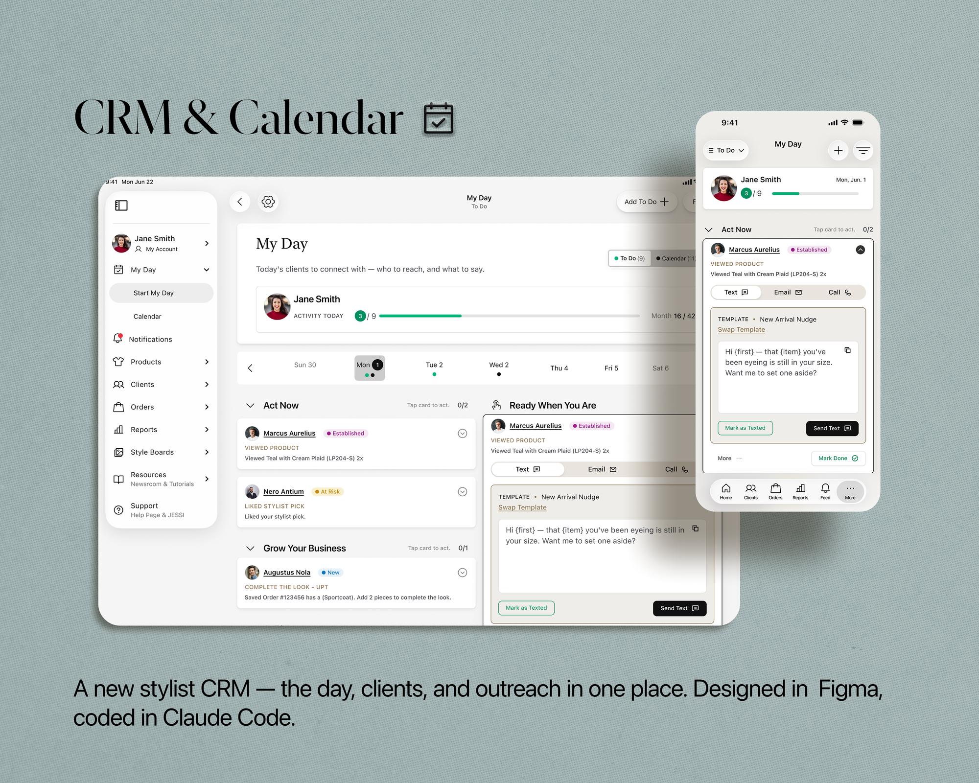 CRM & Calendar — a stylist-facing CRM suite, designed in Figma and coded in Claude Code