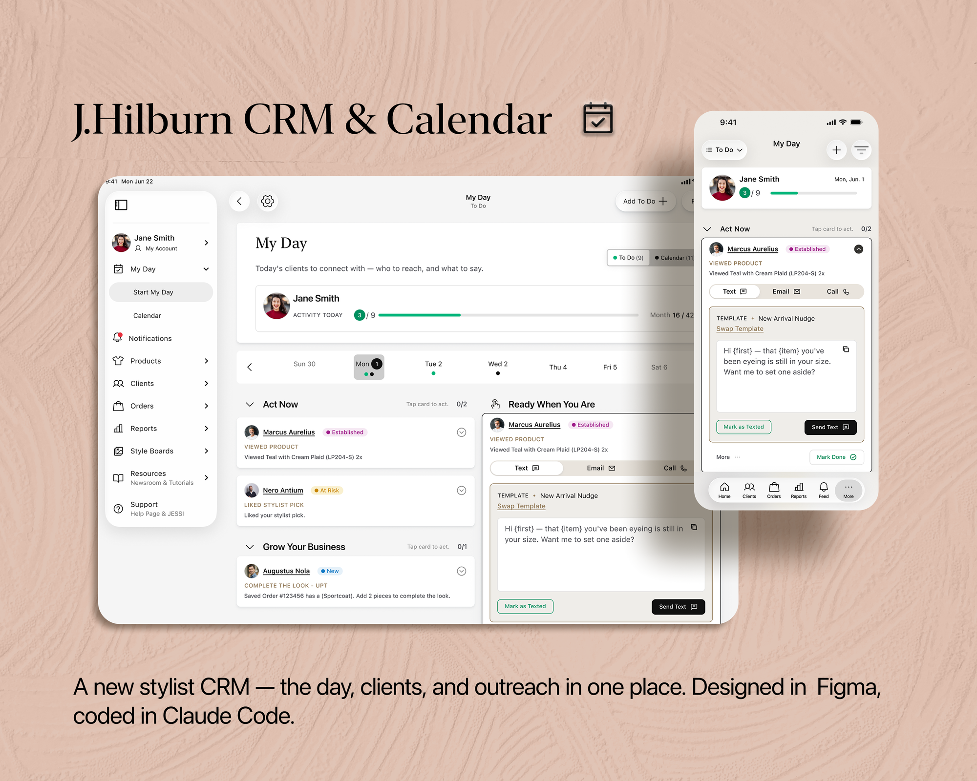 CRM & Calendar — a stylist-facing CRM suite, designed in Figma and coded in Claude Code